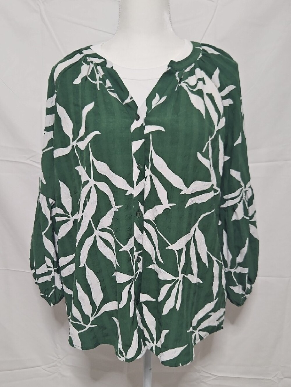 Women’s Dark Green Botanical Print Button-Down Shirt - Relaxed Collar - Picture 2 of 8
